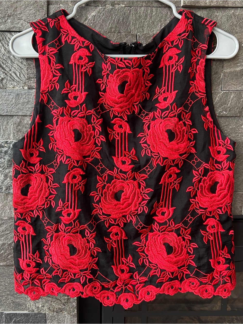 alice + olivia Black Sleeveless Top w/ Red Floral Embroidery